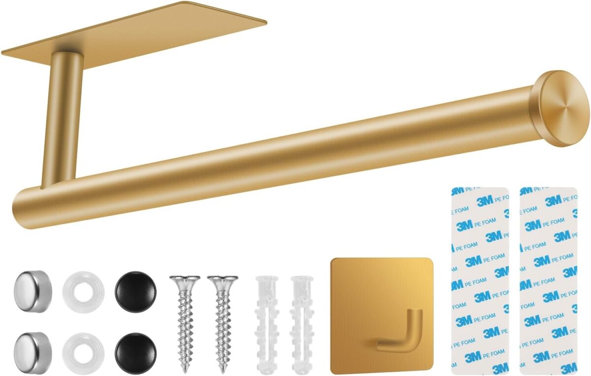 2nd Gen Paper Towel Holder Under Cabinet, [More Sturdy] Self Adhesive or Drilling Paper Towel Holder Wall Mount for Kitchen, RV, [Fit Mega Paper Towel Roll] SUS304 Stainless Steel(Pack of 1, Gold)