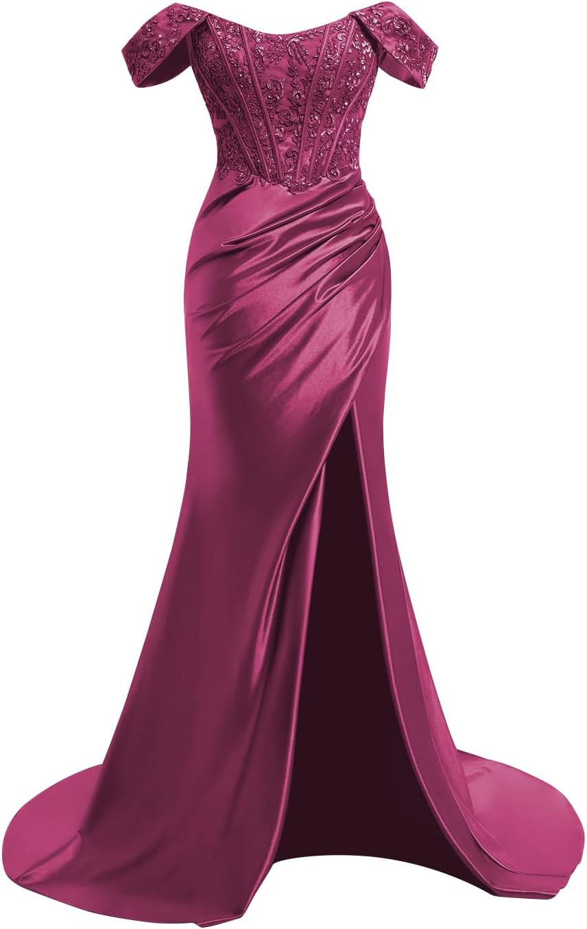 TIRAS Off Shoulder Lace Appliques Satin Prom Mermaid Dresses for Women 2025 Long Split Formal Evening Gown CM263