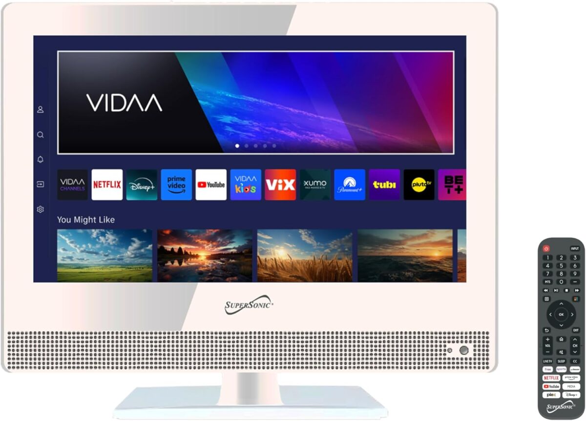 Supersonic SC-1520VTV 15.6 inch Smart AC/DC LED TV, Powered by VIDAA, 1080p, WiFi, Built-in Speakers, USB, 3X HDMI ARC, For Kitchen, RV, Boat, Truck, Playroom, Room, Remote, DC Car Cord INCLUDED-White