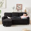 78''Comfortable Corduroy L-Shaped Sofa Couch, 3 Seat Pull Out Sleep Sofa Bed with Storage, Reversible Sleeper Sectional Sofa with Pullout Bed, Reversible Couch for Living Room, Black - Image 9