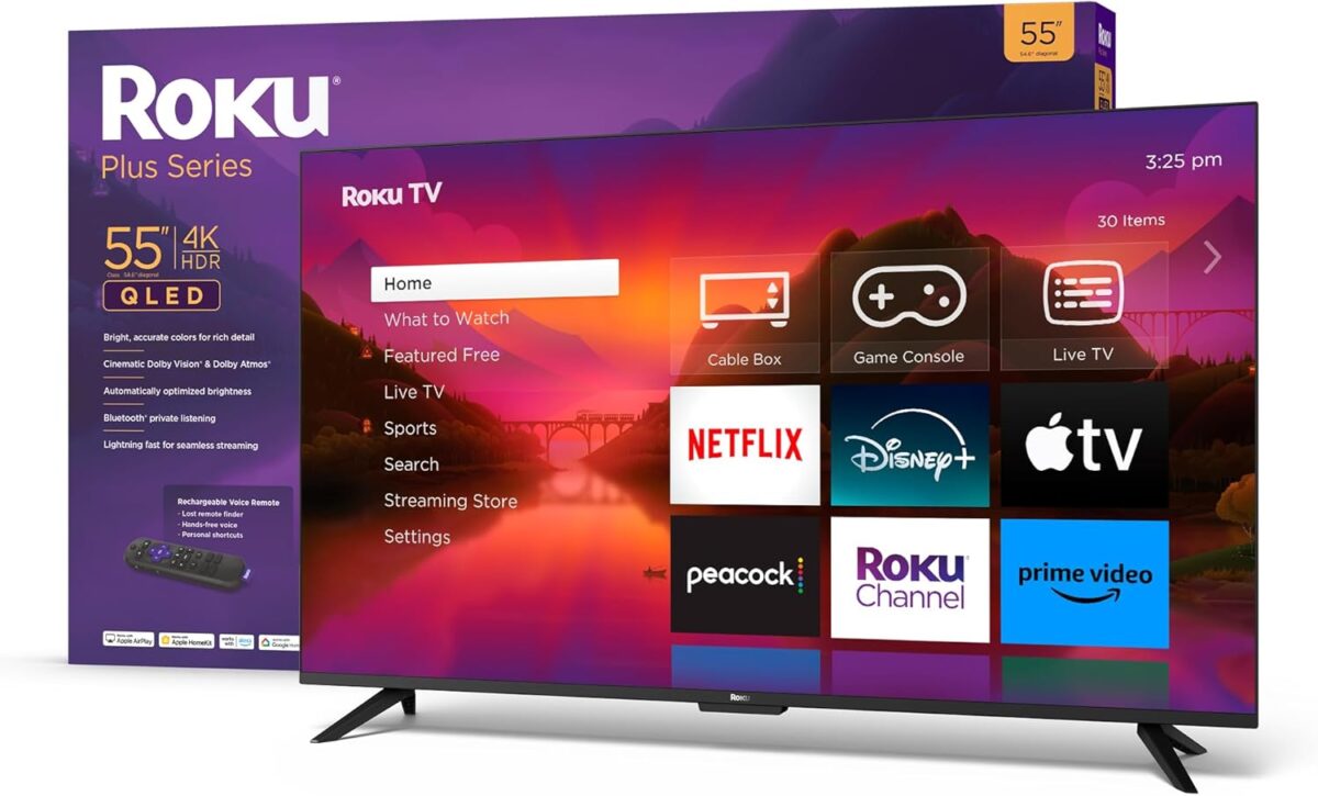 Roku Smart TV – 55-Inch Plus Series 4K QLED RokuTV with Roku Voice Remote Pro, Dolby Vision, Striking 4K Resolution, Automatic Brightness, & Seamless Streaming – Live Local News & Sports