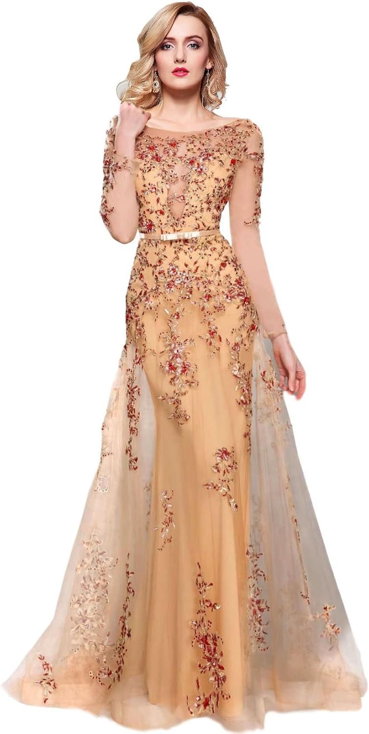 Meier Women's Illusion Long Sleeve Embroidery Prom Formal Dress
