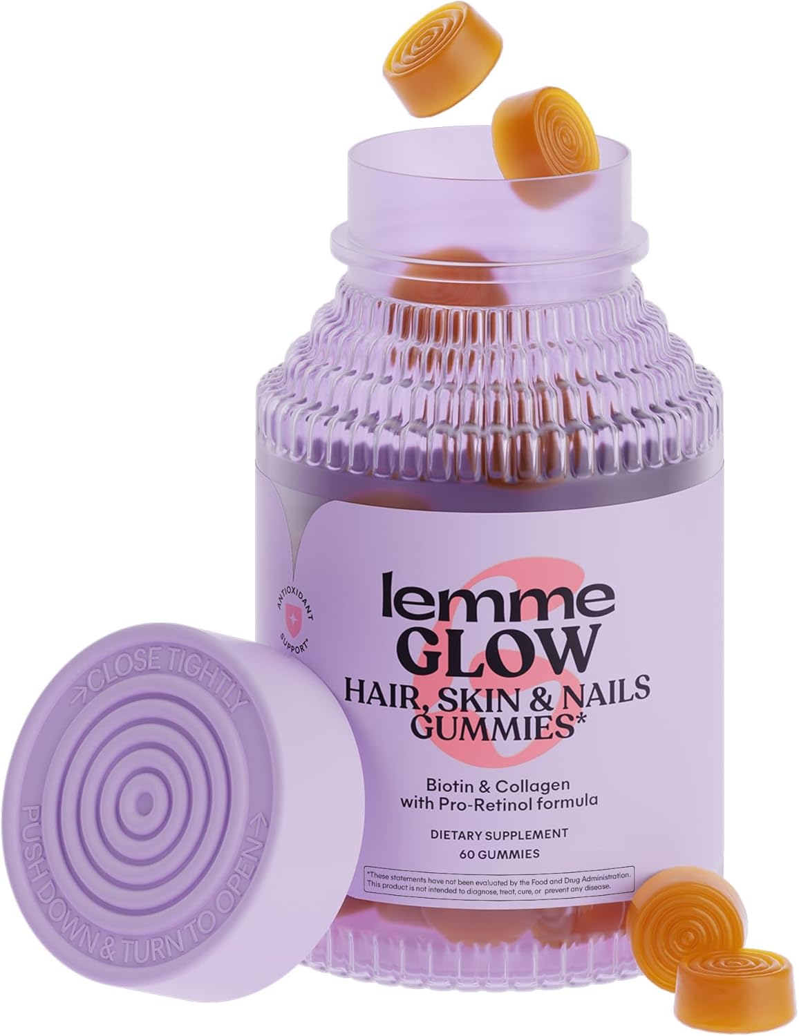 Lemme Glow Collagen Gummies for Thick Hair, Strong Nails & Healthy Skin with Multi-Collagen Peptides, Biotin, Trace Minerals, Zinc, Vitamins A, C & E, Dairy & Gluten Free, Peach Flavor, 60 ct.