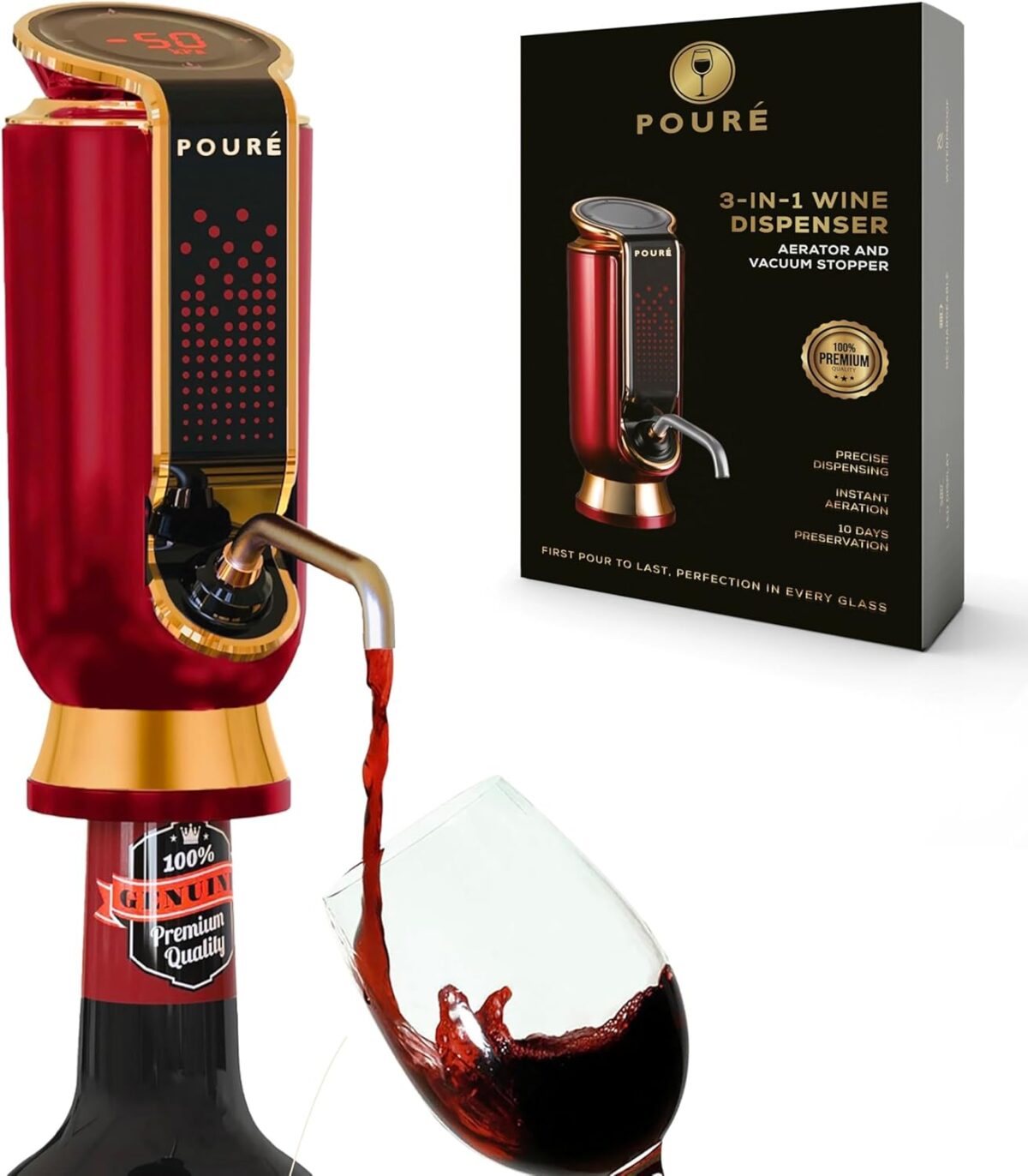 3-IN-1 Wine Dispenser Aerator and Vacuum Stopper - Electric Liquor Decanter Pourer & Preserver - Touch Screen LED Display - Wine Temperature Monitor - Gift for Wine Lover (Red)