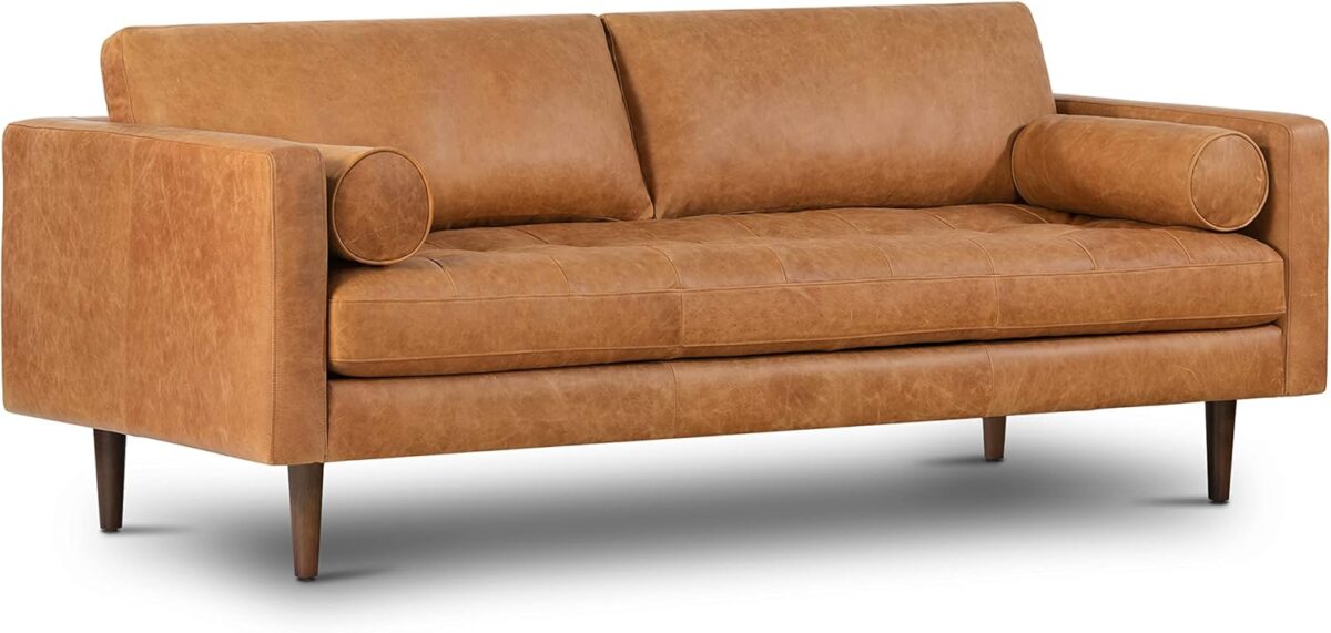 POLY & BARK Cognac Tan Brown Leather Couch - 88.5" Mid Century Leather Sofa with 2 Bolsters - Full Grain Camel Leather Couch - Feather-Down Topper On Seating Surface - Pure-Aniline Italian Leather