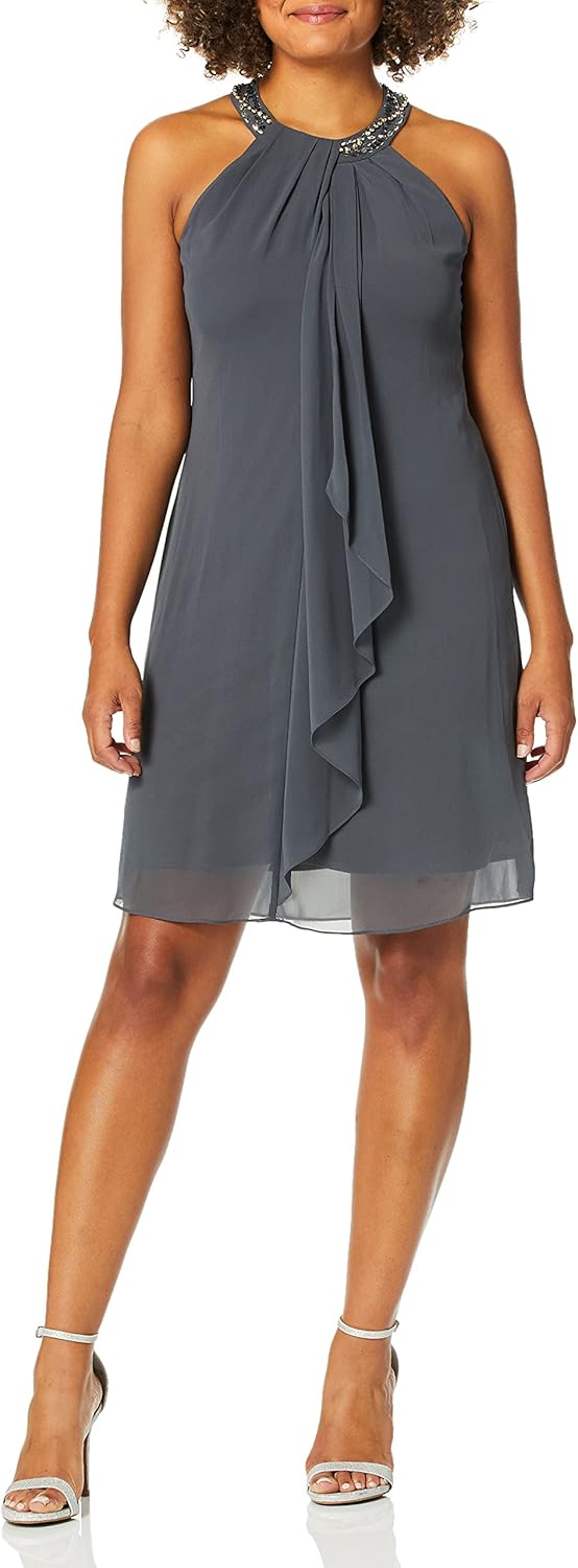 S.L. Fashions Women's Jewel Halter Neckline Cocktail, Wedding Guest, Perfect Party Dress (Petite and Regular Sizes)