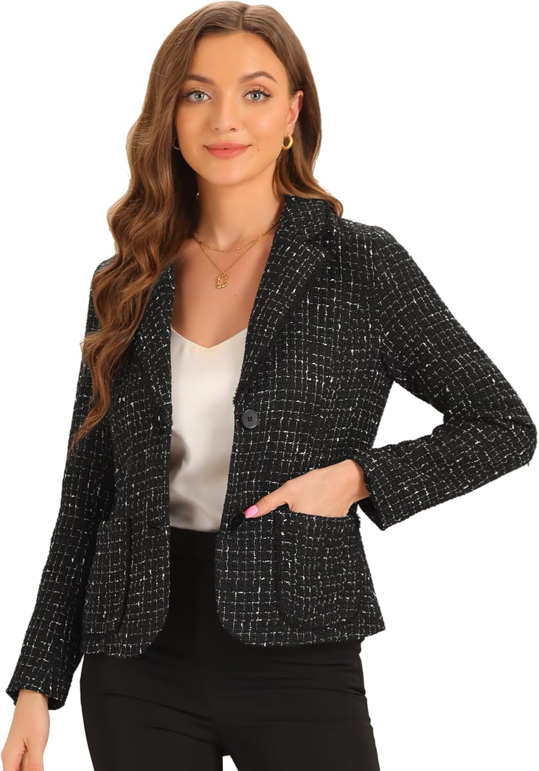 Allegra K Tweed Blazer for Women's Notch Lapel Long Sleeve 2024 Fall Elegant Business Casual Jacket