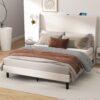 GTRACING Queen Size Bed Frame, Upholstered Platform Bed Frame with USB Type-C Tall Headboard Wingback, Soft Velvet Fabric, No Box Spring Needed, Easy Assembly, Cream - Image 6