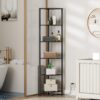Furnulem 6 Tier Corner Shelf with LED Light, 67.5” Tall Standing Shelf Organizer, Black Narrow Bookshelf with Storage Rack for Wall Corner, Living Room, Bedroom, Metal Frame, Wood Display Shelf - Image 5