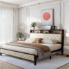 DWVO King Size Bed Frame with Charging Station, Upholstered Platform Bed with Storage Headboard, Metal Slats Supports Mattress Foundation, No Box Spring Required, Beige - Image 7