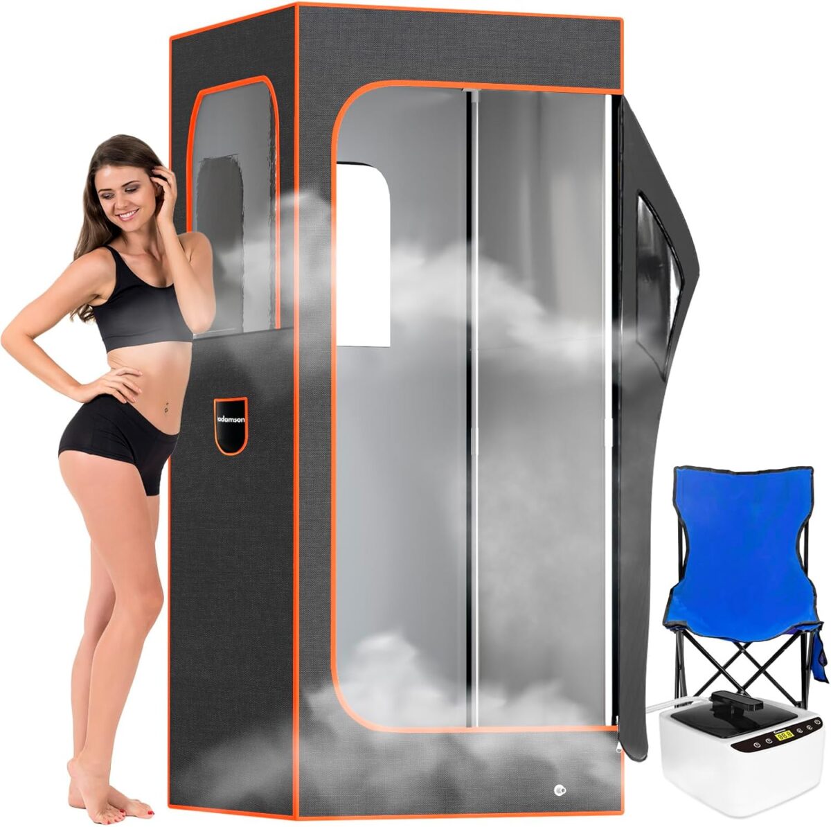Adamson Full Size Portable Steam Sauna - Indoor Sauna Tent for Home Spa Relaxation + Boost Health and Recovery + 2.6L 1000W Steamer + Chair + Remote + Foot Massager - New - Nylon Orange