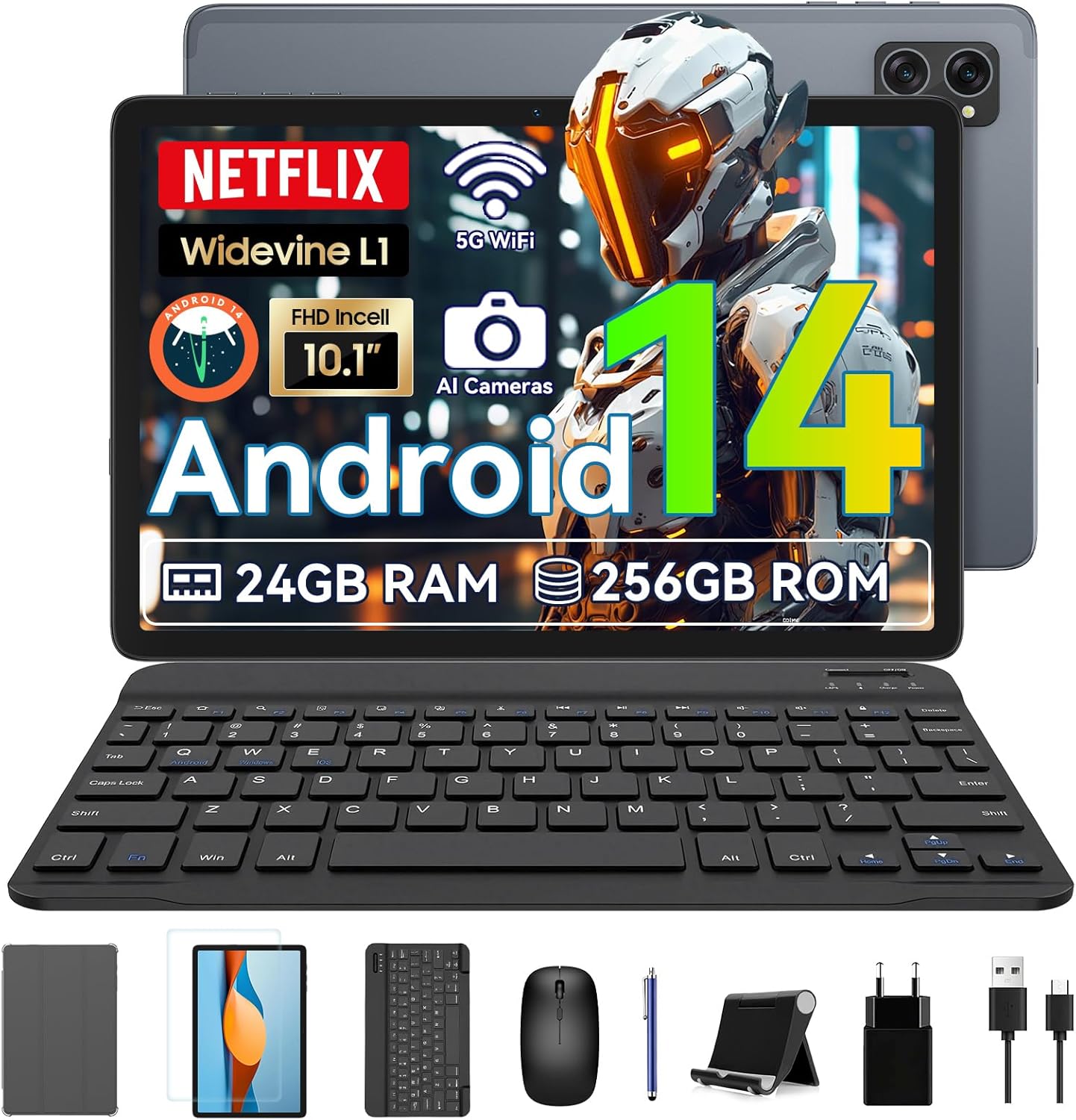 2025 Android 14 Tablet 10 inch Octa-Core Tablets with 24GB RAM+256GB ROM(Expand to 2TB), 1920x1200 IPS FHD Screen, Google-Gemini AI, Widevine L1, 2 in 1 Tablet with Keyboard Mouse Stylus Gray