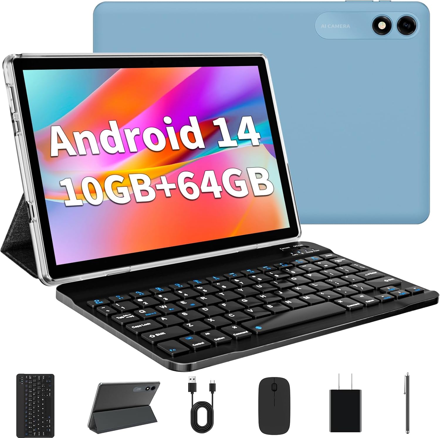 Android 14 Tablet 10.1 inch Tablet 2024 Latest Tablets with Keyboard Mouse 10GB+64GB 1TB Expand 6000mAh Octa-Core Processor Dual Camera WiFi 1280x800 IPS 18W Fast Charging