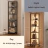 Furnulem 6 Tier Corner Shelf with LED Light, 67.5” Tall Standing Shelf Organizer, Black Narrow Bookshelf with Storage Rack for Wall Corner, Living Room, Bedroom, Metal Frame, Wood Display Shelf - Image 8