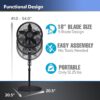Lasko Oscillating Cyclone Pedestal Fan, Adjustable Height, Timer, Remote Control, 3 Speeds, for Bedroom, Living Room, Home Office, 18", Black, 1843 - Image 4