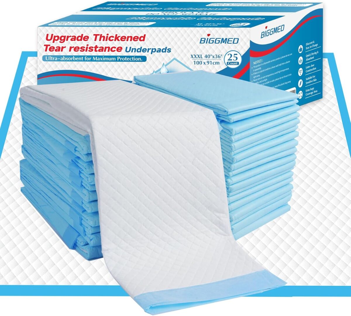 Tear-Resistant Incontinence Bed Pads 40'' x 36'' 130 Gram Heavy Duty (25 Count) Disposable Underpads Chucks Pads for Adults, Kids & Elderly | Protection Pads for Bed, Sofa, and Chair