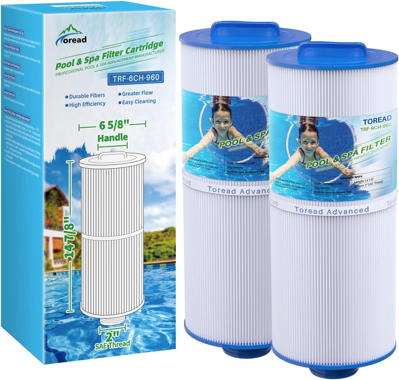 TOREAD 6CH-960 Spa Filter Replaces Jacuzzi Filters J-300, J400, PJW60TL-F2S, 14081, 6000-383A, Unicel 6CH-960, Filbur FC-2800, 6540-383, Hot Tub Filter with Closed Handle 2 Pack (Not be Removed)