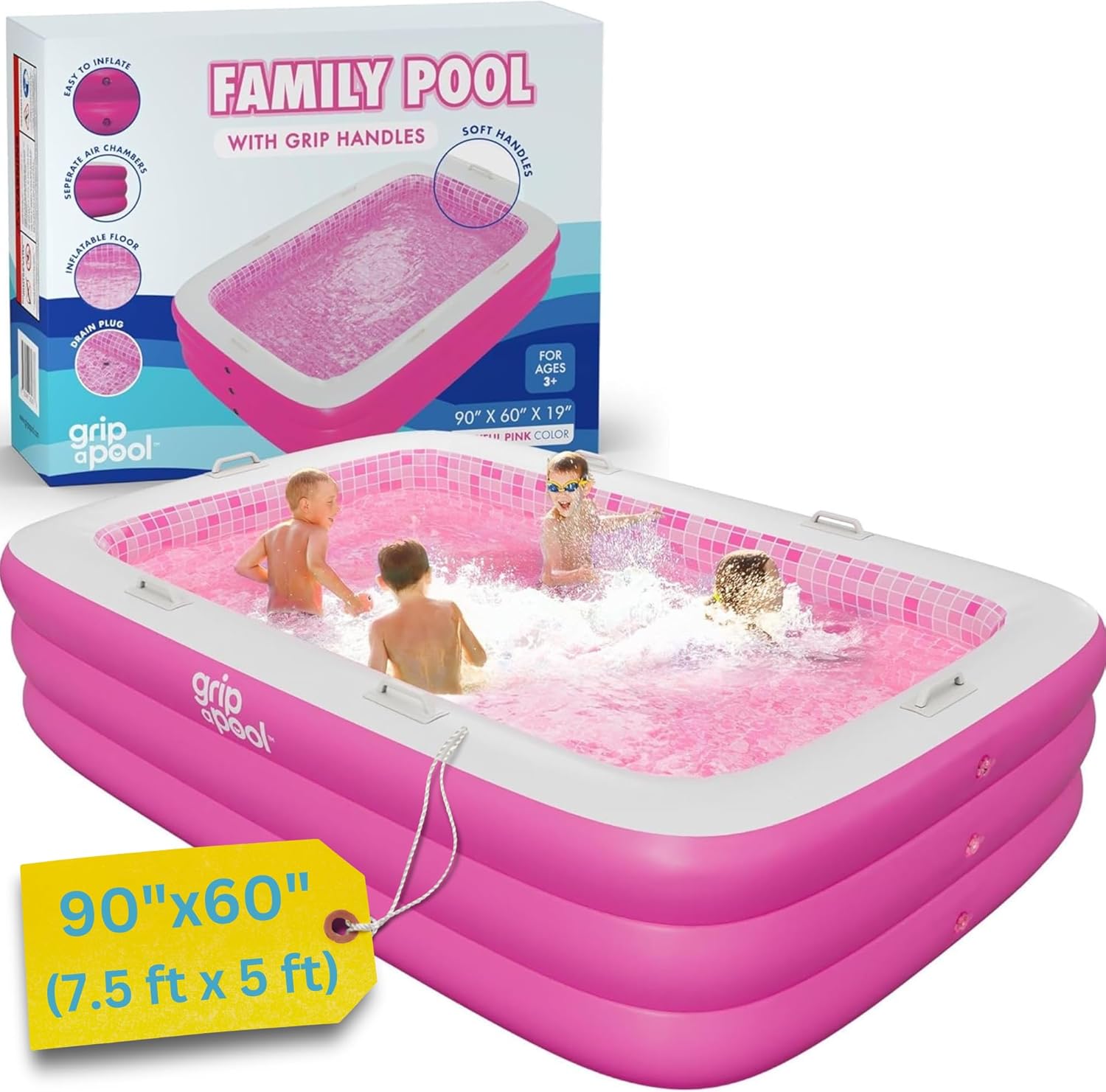 Inflatable for Kids and Adults 90"x60" (7.5'x5') with Soft Padded Floor, Handles and Drain, Kiddie Swimming Pool, Big Blow Up Backyard Pool for Ages 3+, Playful - Pink