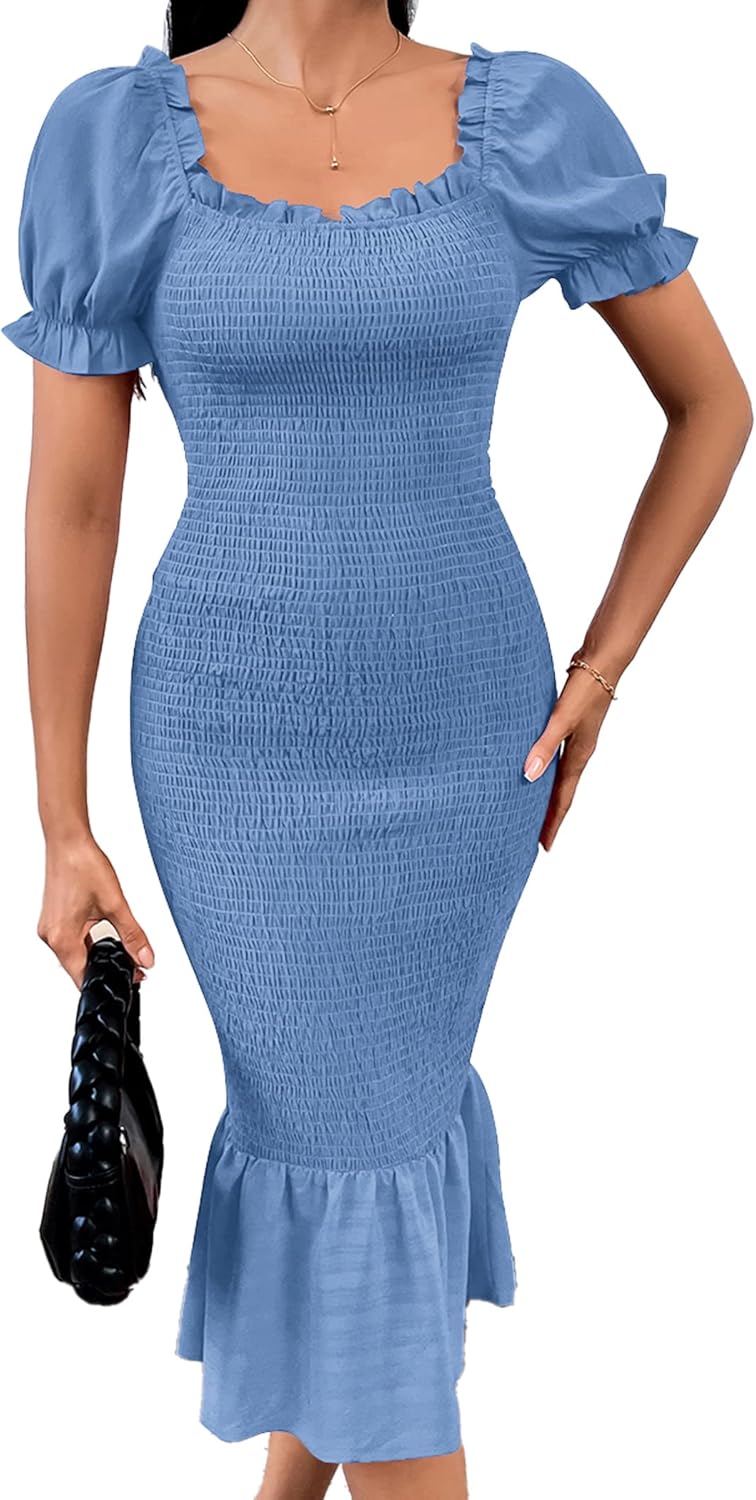 PRETTYGARDEN Women's Summer Floral Midi Bodycon Dresses Short Puff Sleeve Square Neck Ruffle Hem Mermaid Cocktail Dress
