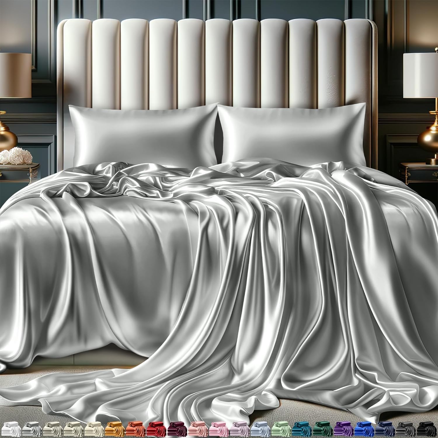 DECOLURE Satin Bed Sheets - 4 Piece Luxury Silky King Size Bedding Set - Softer Than Silk, Wrinkle-Free with 15” Deep Pocket Fitted Sheet, Perfect for Hair & Skin, Gifts for Women (Grey)