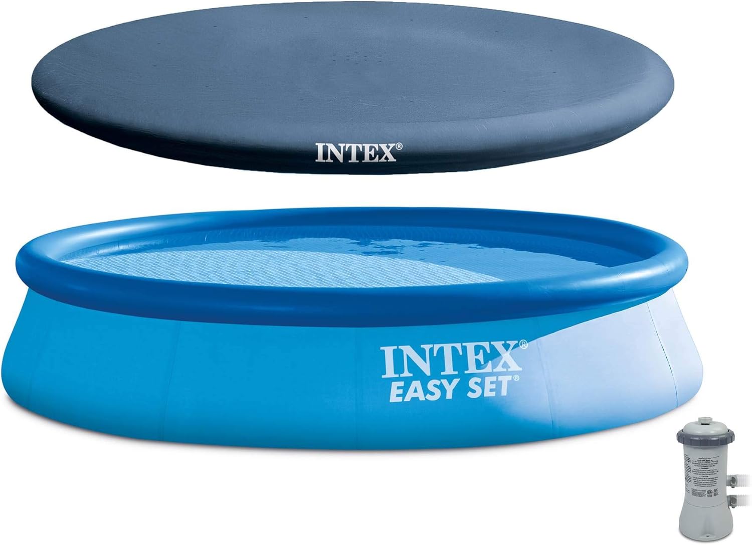 Intex 13 Ft x 32 in Easy Set Above Ground Inflatable Outdoor Swimming Pool Set with 530 GPH Krystal Clear Filter Pump & Secure Vinyl Pool Cover, Blue