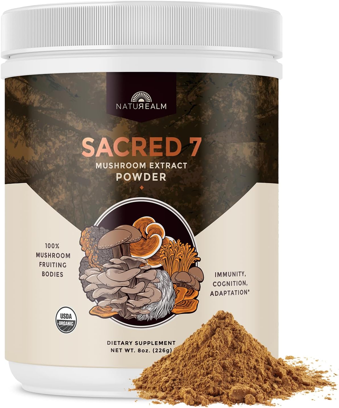 Naturealm Sacred 7 Organic Mushroom Powder for Coffee - Premium Mushroom Supplement Blend with Lions Mane, Reishi, Chaga - USDA Organic Daily Wellness Blend - 226 Servings