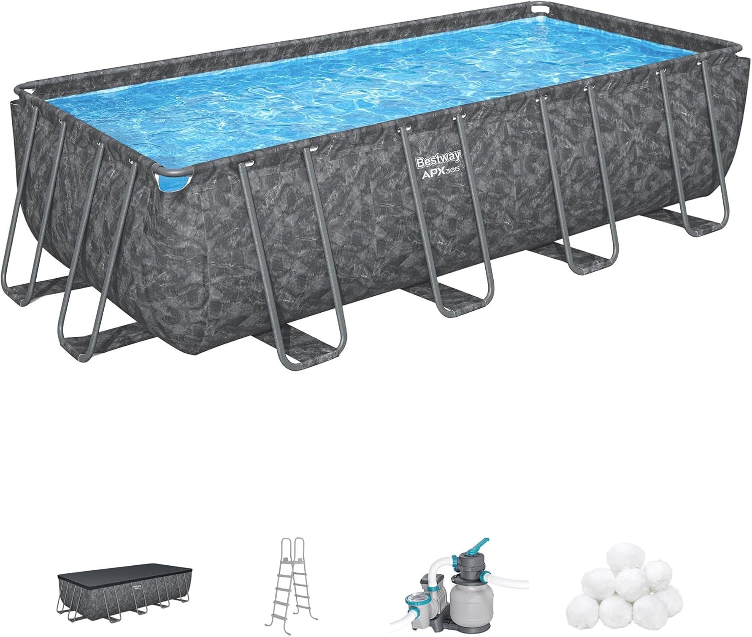 Bestway APX 365 18' x 9' x 52" Rectangular Above Ground Swimming Pool Outdoor Backyard Framed Pool Set with Sand Filter Pump, Ladder, and Cover, Gray