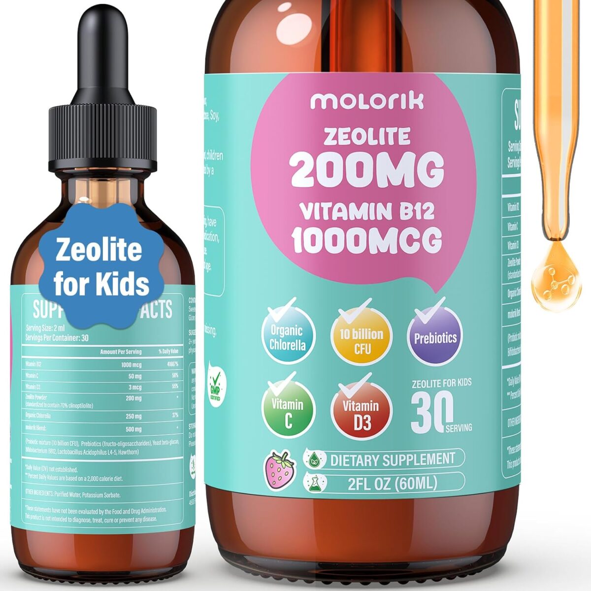 Zeolite Drops for Kids and Adults, 200mg Zeolite Liquid Drops with 1000mcg Vitamin B12, Organic Chlorella, 10 billion CFU & Prebiotics for Gut Support & Speech, Immune, Bone, Energy*, Strawberry, 60ML