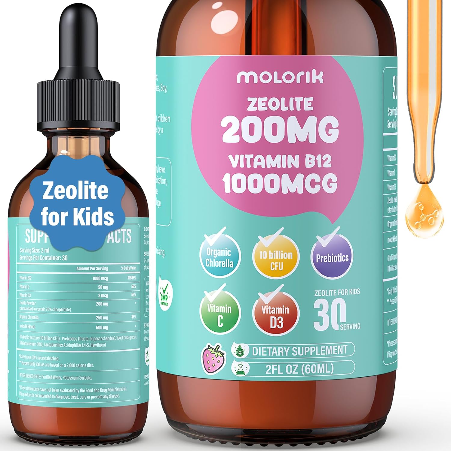Zeolite Drops for Kids and Adults, 200mg Zeolite Liquid Drops with 1000mcg Vitamin B12, Organic Chlorella, 10 billion CFU & Prebiotics for Gut Support & Speech, Immune, Bone, Energy*, Strawberry, 60ML