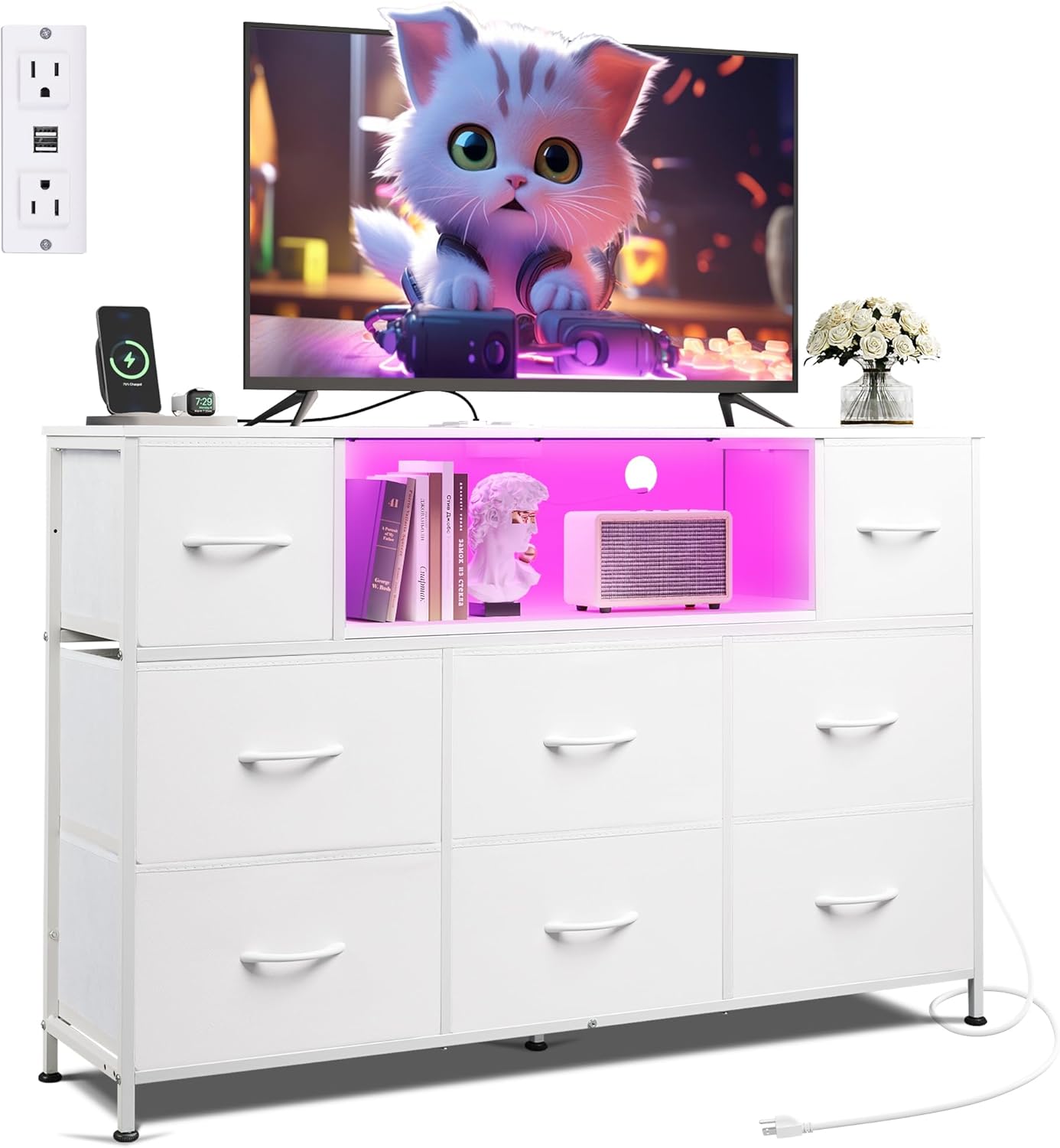 WLIVE White Dresser for Bedroom, TV Stand for Bedroom for 55 inch TV with Charging Station and LED Lights, Fabric Chest of Drawers with Open Shelves, 8 Drawers Dressers for Living Room, Closet