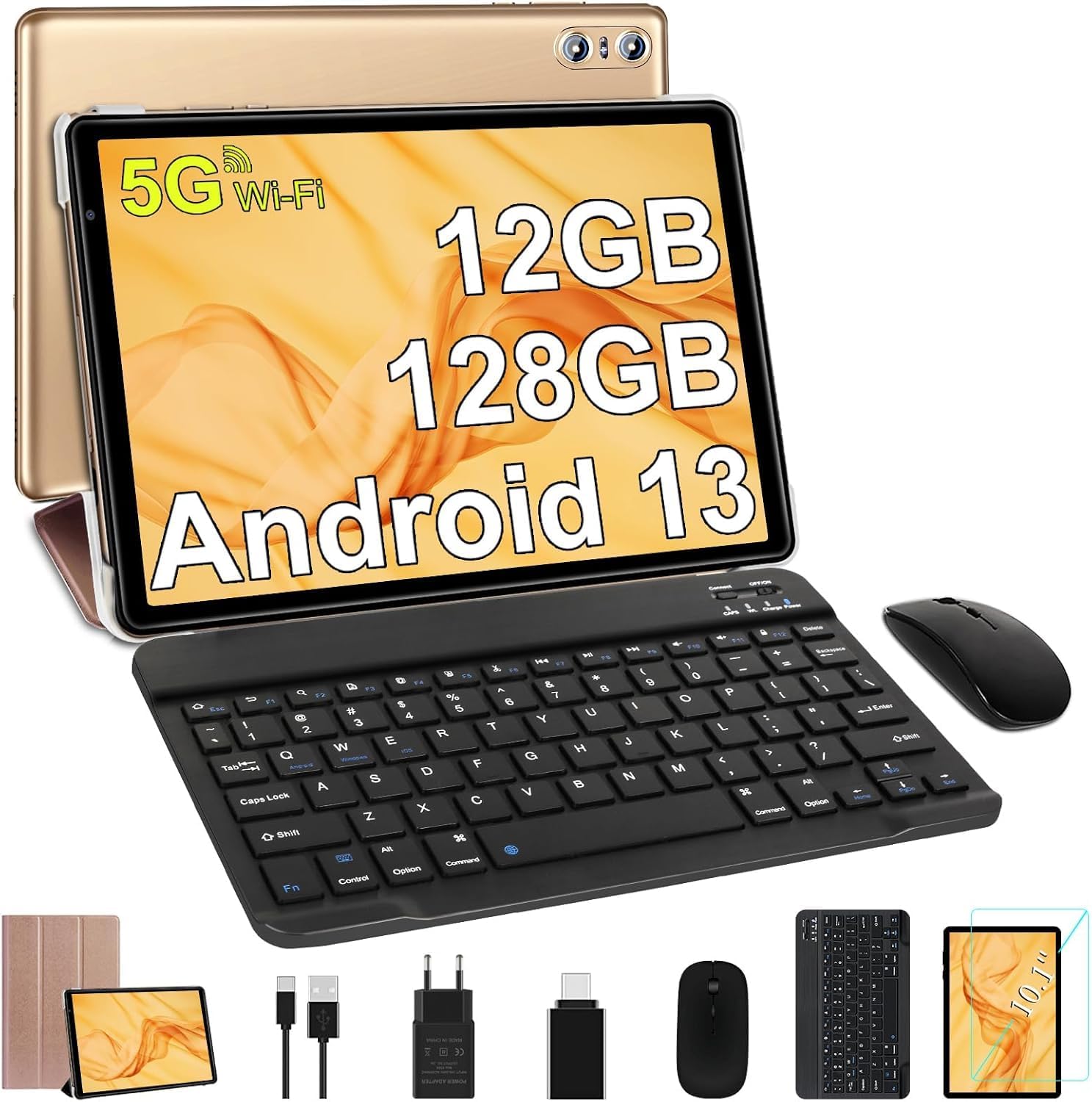SEBBE Tablet 10 Inch, 2025 Android 13, 12GB RAM + 128GB ROM TF 1TB, Octa-Core 2.0 GHz, Bluetooth 5.0 | 5G WiFi | 6000mAh | 1280 * 800 | 5MP+8MP, with Keyboard and Mouse Gold