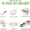 GreenLife Soft Grip 16 Piece Cookware Set, Non-Toxic PFAS-Free Ceramic Nonstick, Frying, Sauce, Saute, Utensils, Glass Lids, Stay-Cool Handles, Wobble Free, Dishwasher & Oven Safe, Soft Pink - Image 3
