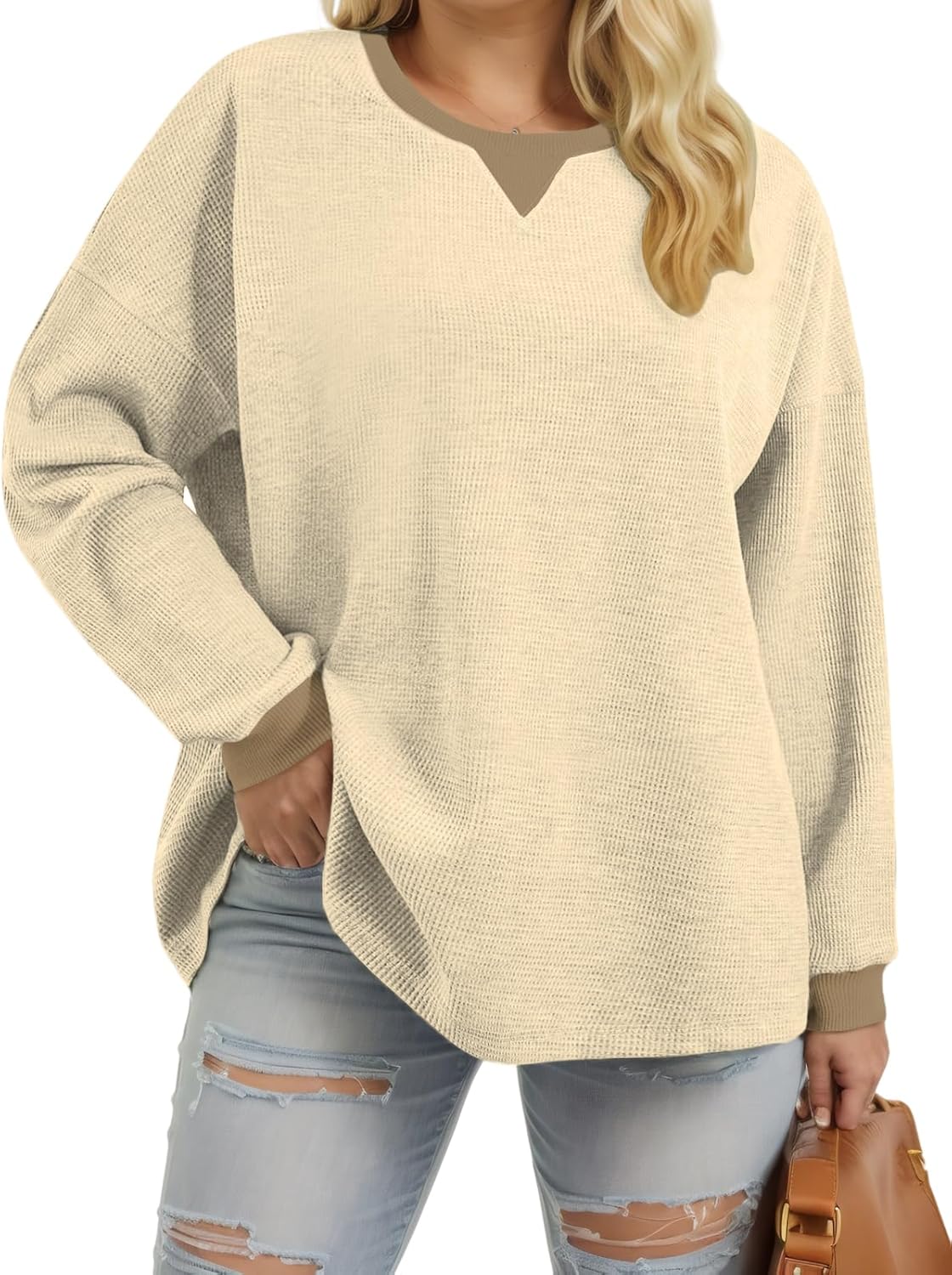 VISLILY Womens-Plus-Size-Sweatshirts Trendy Color Block Casual Long Sleeve Tops Waffle Knit Oversized Shirts Loose Fit Tunics