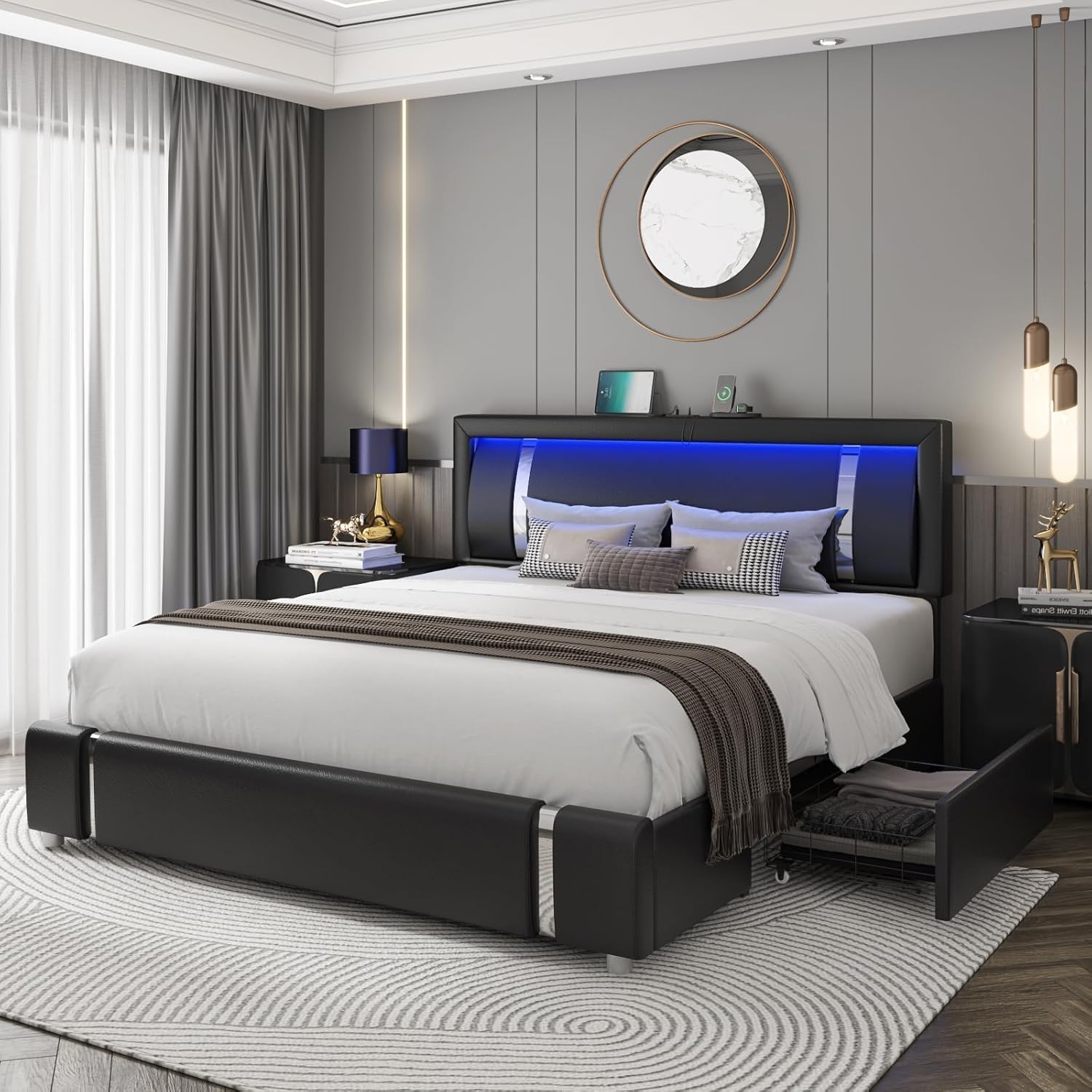 Keyluv Queen Bed Frame with RGB LED Lights Headboard & 2 Storage Drawers, Modern Upholstered Faux Leather Platform Bed with Iron Metal Decor, USB & USB-C Charging Ports, No Box Spring Needed, Black