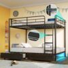 Rolanstar Metal Bunk Bed Full Over Full with USB Charging Station, LED Bunk Bed with 2 Storage Drawers, Bed with Safety Guardrail & Ladders, No Box Spring Needed, Easy Assembly, Black - Image 4