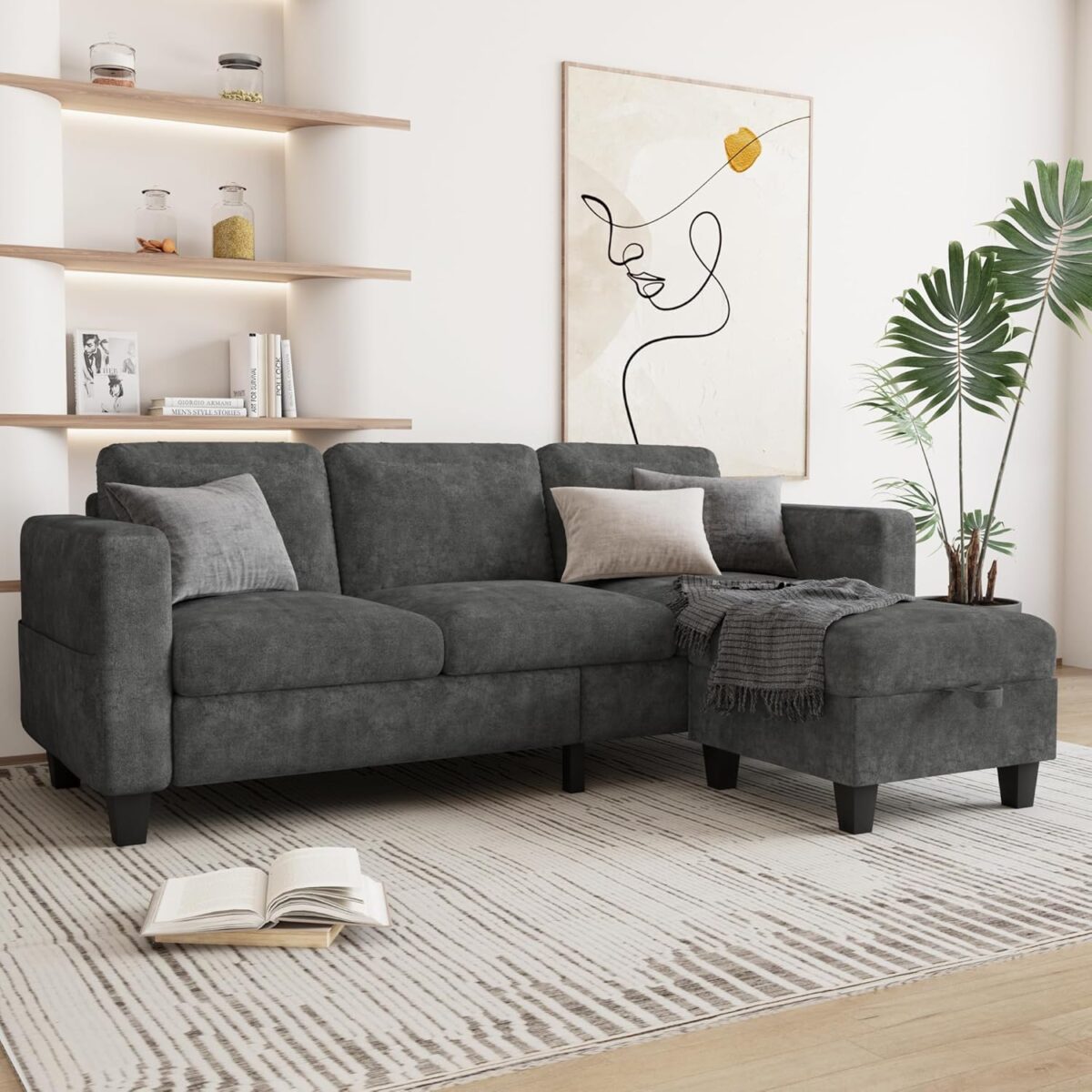 Couch for Living Room - Small Space Couches Sectional L-Shaped Sofa, 3 Seat Modern Couch, Sofas Convertible with Storage Ottoman for Small Space, Bedroom, Offices and Apartments - Grey