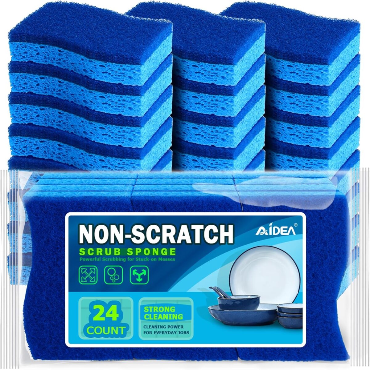 AIDEA Non Scratch Scrub Sponge, 24Count, Sponges for Dishes, Sponges Kitchen, Cleaning Sponge, Cleans Fast Without Scratching, Stands Up to Stuck-on Grime, Cleaning Power for Everyday Jobs