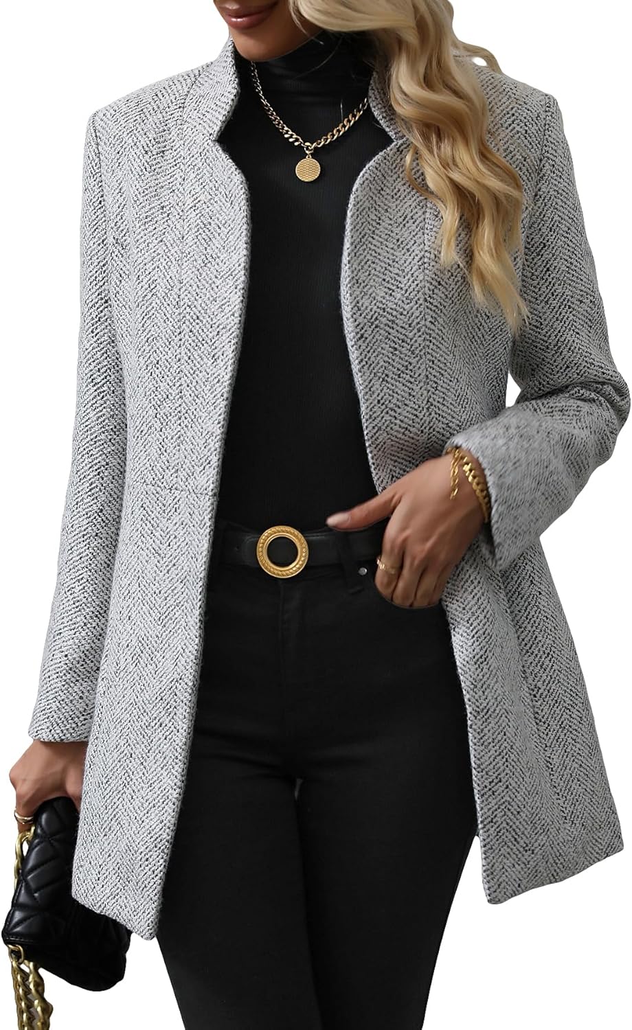 MakeMeChic Women's Open Front Business Coat Long Sleeve Stand Collar Casual Blazer Jacket