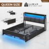 Rolanstar Bed Frame Queen Size with Charging Station and LED Lights, Upholstered Storage Headboard with Drawers, Heavy Duty Metal Slats, No Box Spring Needed, Noise Free, Easy Assembly, Dark Grey - Image 2