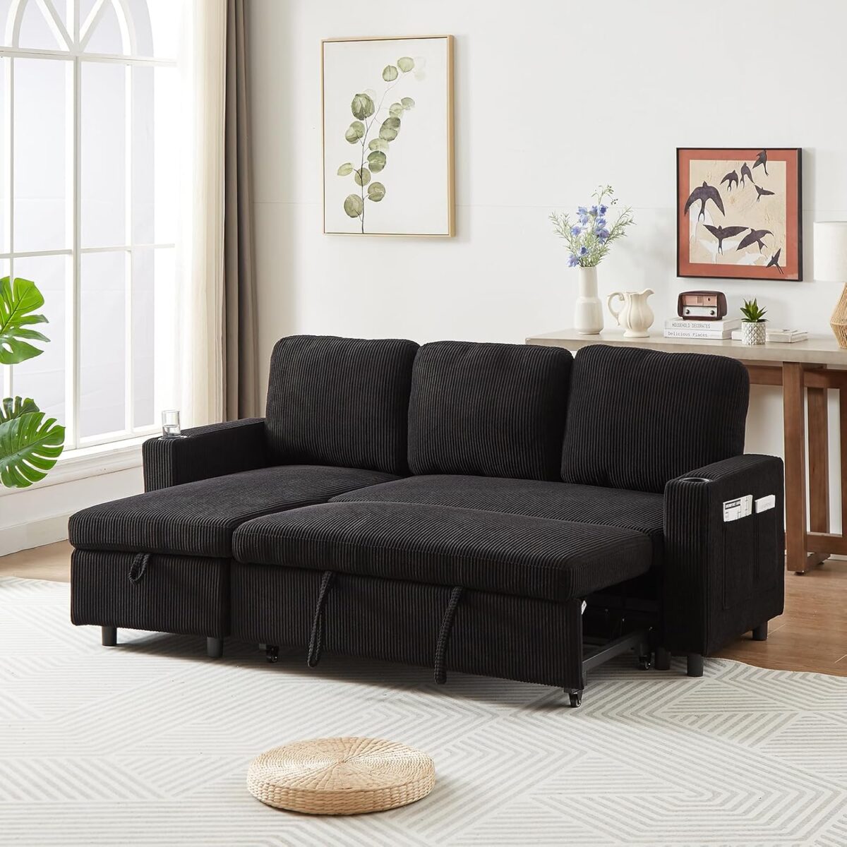 78''Comfortable Corduroy L-Shaped Sofa Couch, 3 Seat Pull Out Sleep Sofa Bed with Storage, Reversible Sleeper Sectional Sofa with Pullout Bed, Reversible Couch for Living Room, Black