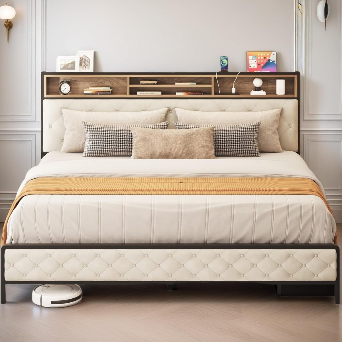 DWVO King Size Bed Frame with Charging Station, Upholstered Platform Bed with Storage Headboard, Metal Slats Supports Mattress Foundation, No Box Spring Required, Beige