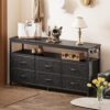 Huuger LED TV Stand for Bedroom, 47 Inch Dresser with Power Outlets, Entertainment Center for 55, 50, 43 Inch TV, 6 Drawer Dresser for Bedroom, Chest of Drawers with Open Shlef, PU Leather, Black - Image 3