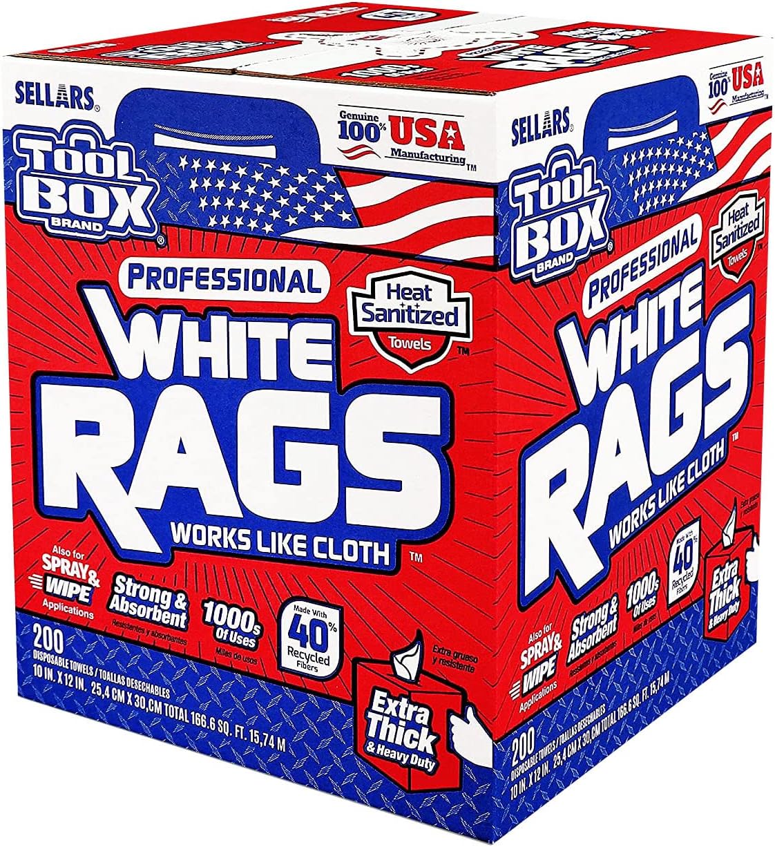 TOOLBOX Professional White Rags Shop Towels Center Pull Box for Painters, Automotive, Contruction, Office and Home - Made in USA (1 Box - 200 Towels)