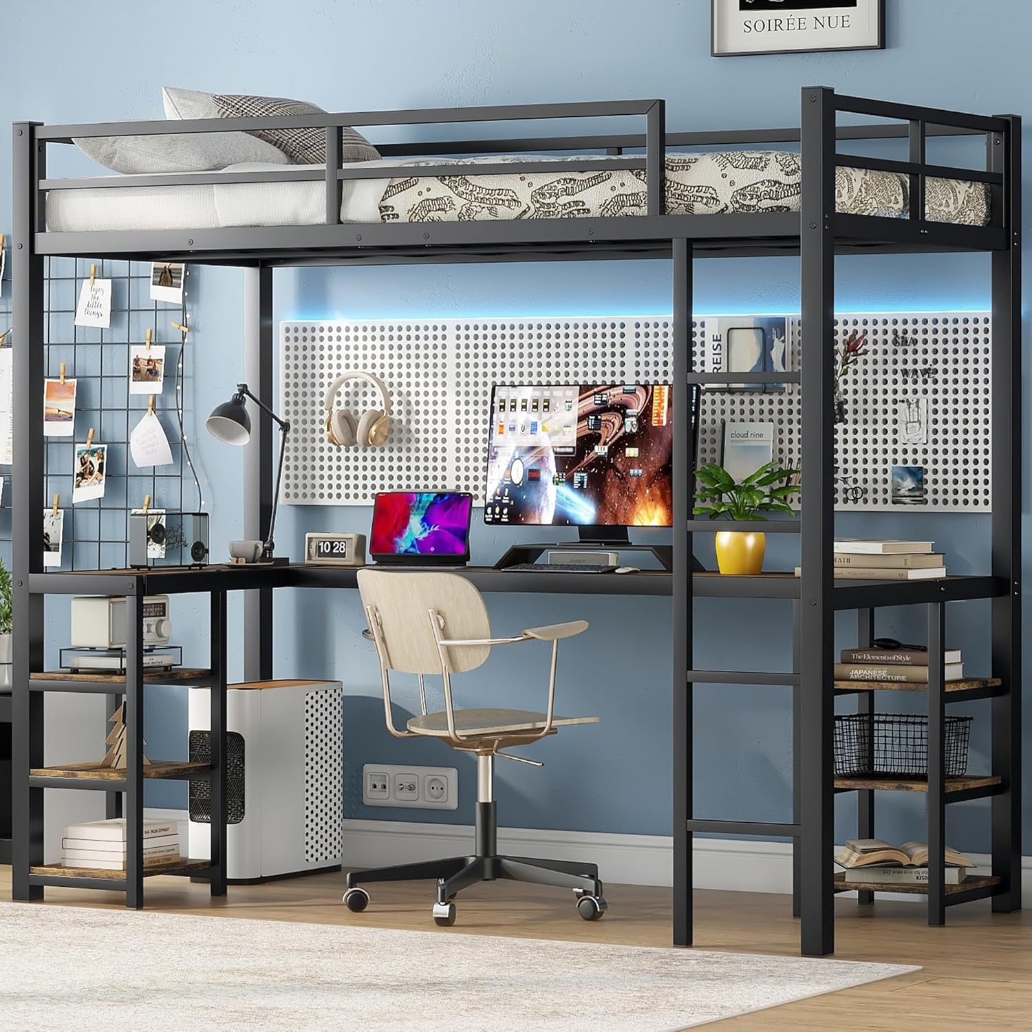 Twin XL Loft Bed with Desk and Storage Shelves, Metal Loft Bed with Vintage Desk, Ladder and Guardrail, Twin XL Loft Bed for Kids, Teens(Twin XL, Vintage Desk)
