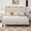 Yaheetech Queen Bed Frame with Headboard, Upholstered Headboard with Charing Station and Storage Shelf, Platform Bed Frame, No Box Spring Needed, Easy Assembly, Beige - Image 3
