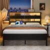 Furnulem Full Size Bed Frame with LED Light and Charging Station, Wood Storage Headboard with 2-Tier Shelves, Metal Platform Bed with Heavy Duty Slats Support, No Box Spring Needed, Black Oak - Image 4