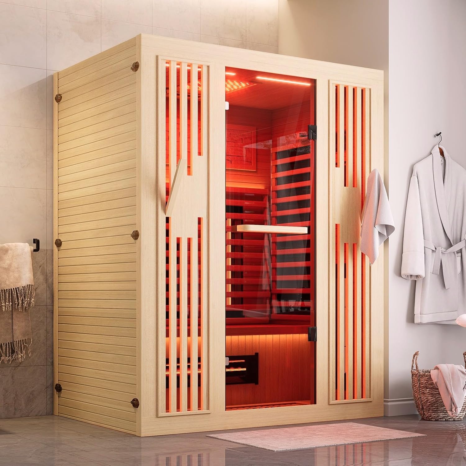 Full Spectrum Sauna for Home, 2~3 Person Indoor Infrared Sauna Room with 10 Minutes Warm-up Heate, Canadian Hemlock Wood Home Infrared Sauna with Bluetooth and Tempered Glass