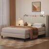 Yaheetech Queen Bed Frame with Headboard, Upholstered Headboard with Charing Station and Storage Shelf, Platform Bed Frame, No Box Spring Needed, Easy Assembly, Beige - Image 9