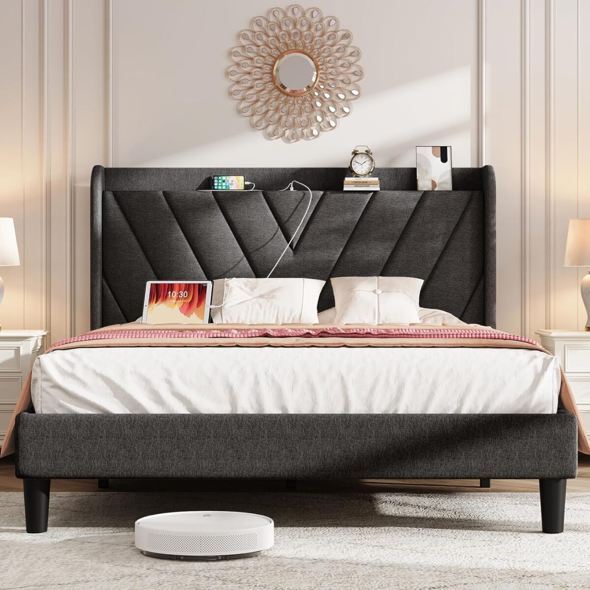 Queen Bed Frame with Headboard, Adjustable Upholstered Platform Bed Frame with Type-C&USB Ports, Wingback Storage Headboard, Solid Wood Slats Support, No Box Spring Needed, Dark Gray