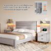 Queen Bed Frame with 2 Nightstands & LED Lights Headboard,104" Extended Wood Panel Platform Bed/w Charging Station & 2 Storage Racks, Bedroom Set 3 Piece, No Box Spring Needed, Grey - Image 7